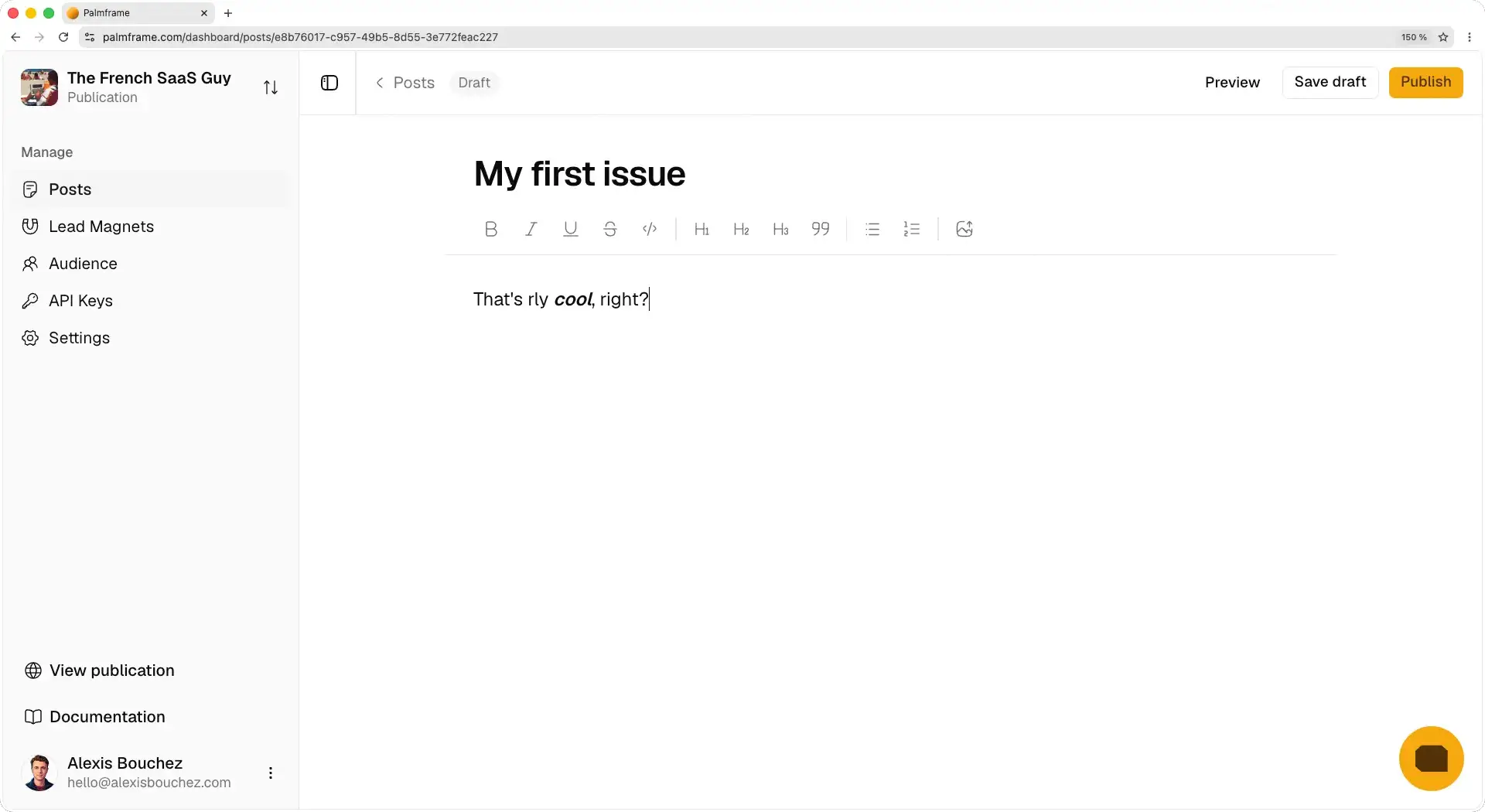 Writing a newsletter issue in the Palmframe editor